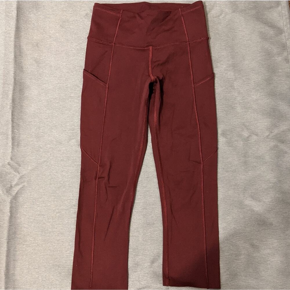 Lululemon Cropped Raw Hem Maroon Leggings Pocket Time to Sweat 4 - Picture 6 of 10